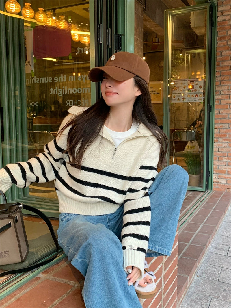 Stripe Zipped-Up Turtleneck Sweater