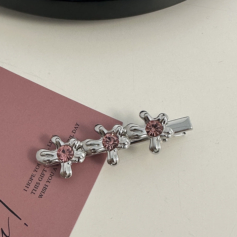 Silver Pink Crystal Hair Clips