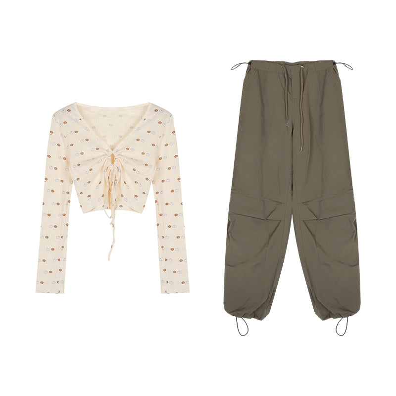 Floral Crop Top Green Cargo Pants Set