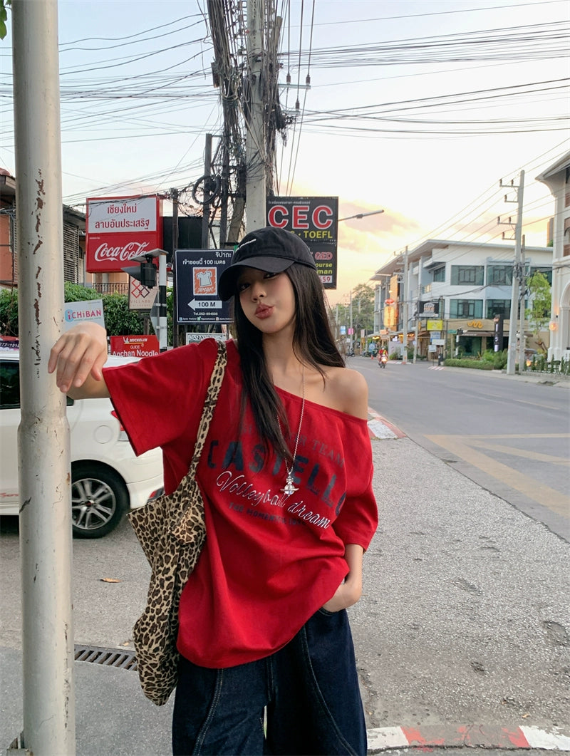 Off Shoulder Oversized Red Tee