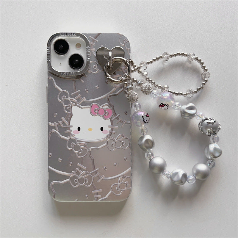 White Kitty Pearl Chain Silver Case