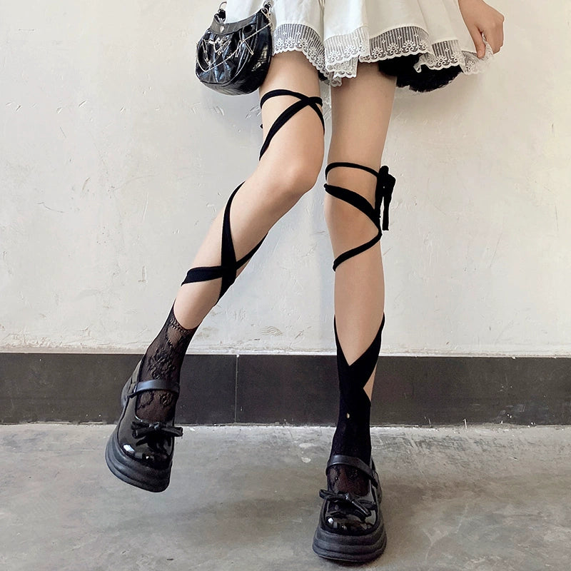 Sultry Criss-Cross Strappy Lace Thigh-Highs