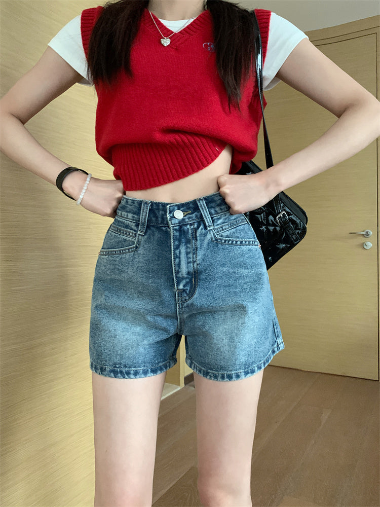 High Waist Washed Denim Shorts