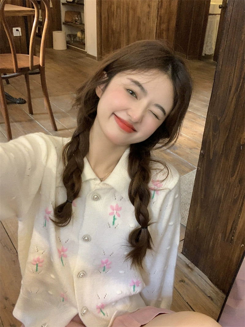 Pink Flower Beige Cardigan