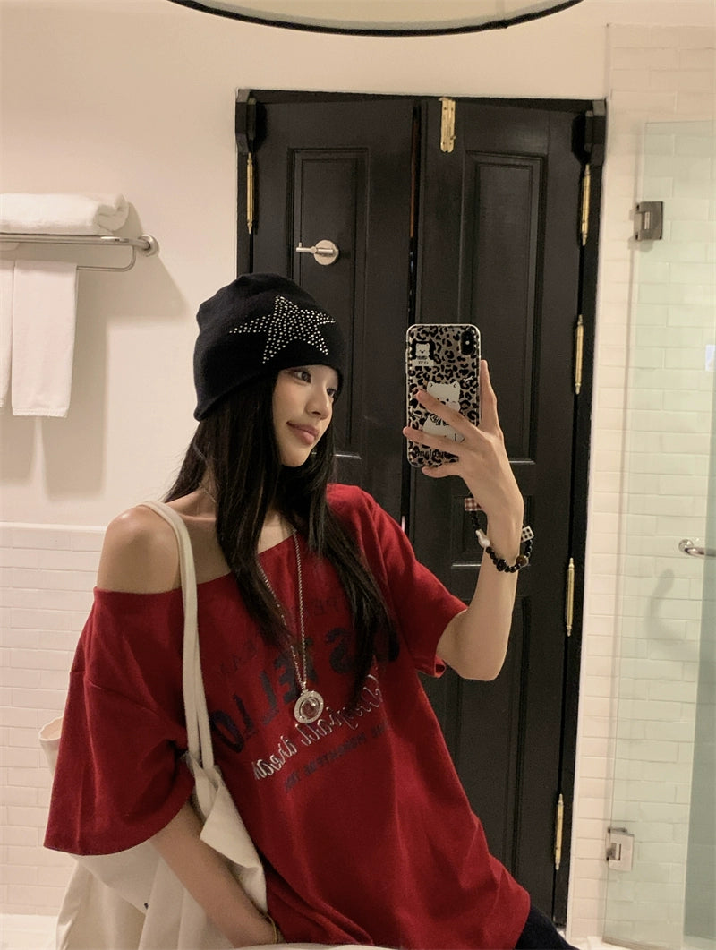 Off Shoulder Oversized Red Tee