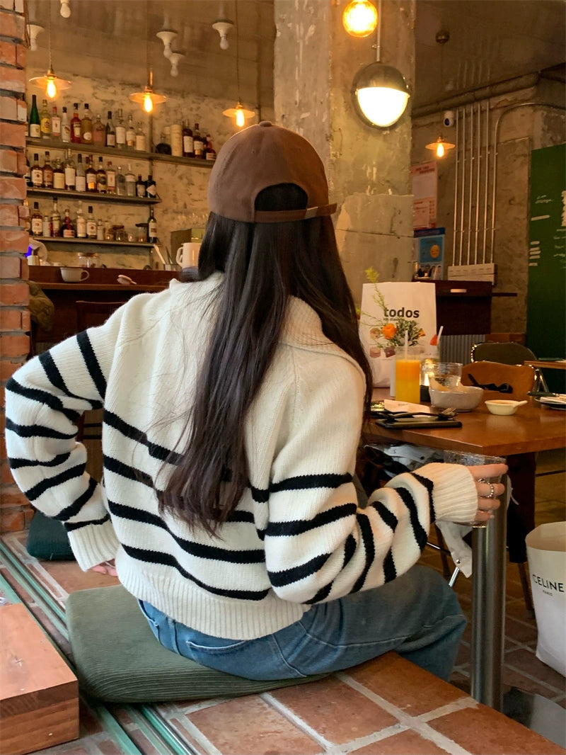 Stripe Zipped-Up Turtleneck Sweater