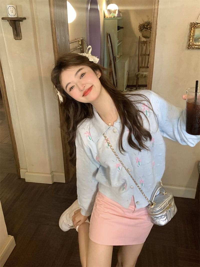 Pink Flower Beige Cardigan