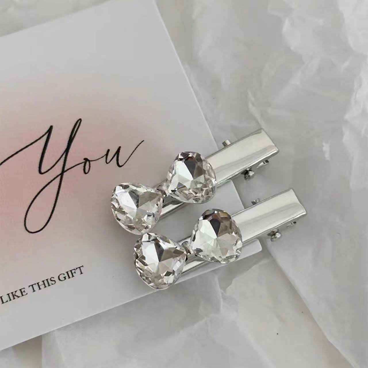 Silver Pink Crystal Hair Clips