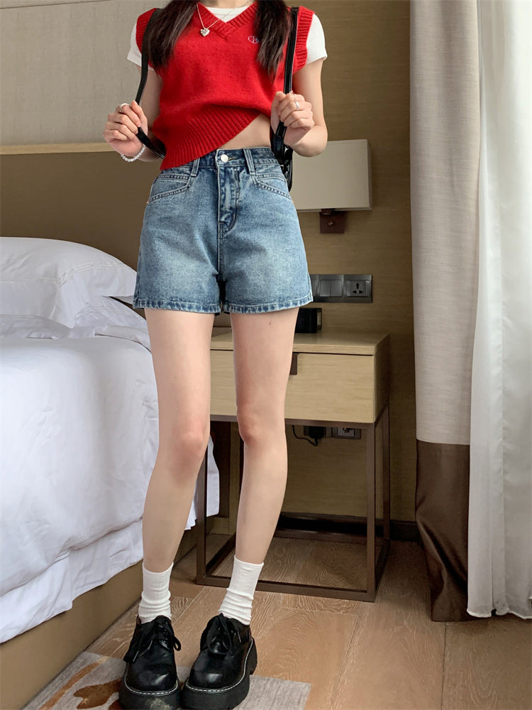 High Waist Washed Denim Shorts
