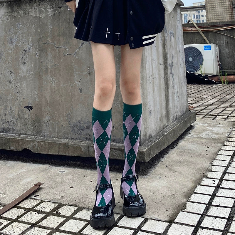 Vibrant Pink Diamond Knee-High Socks