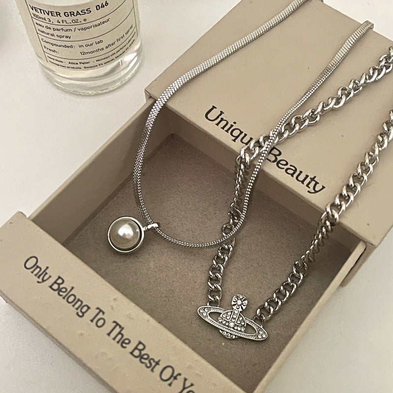 Rhinestone Planet with Pearl Layer Necklace