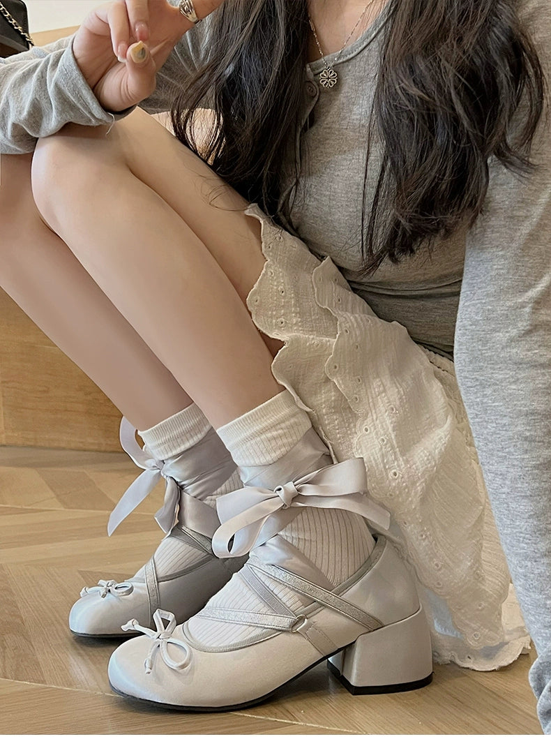 Ribbon Double Strap Mid Heel Flat Shoe