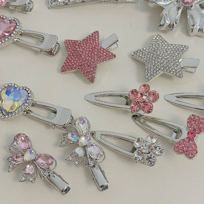 Silver Pink Crystal Hair Clips