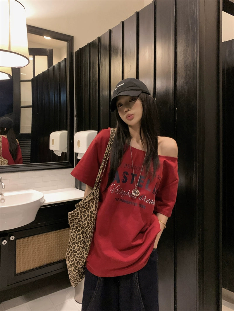 Off Shoulder Oversized Red Tee