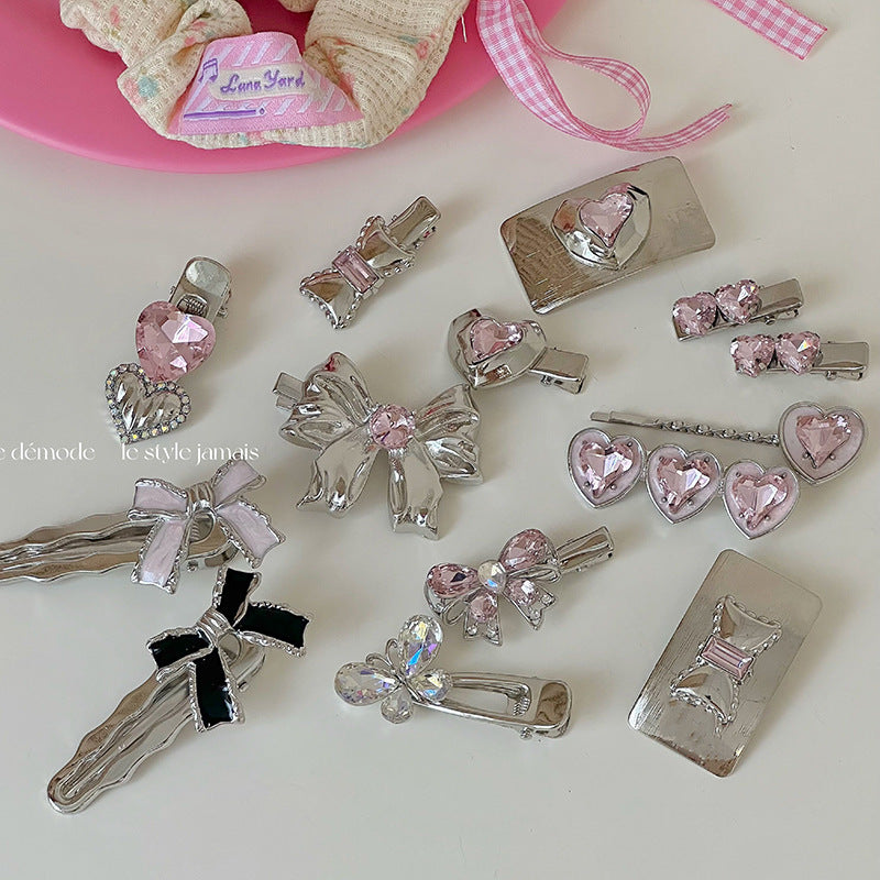 Silver Pink Crystal Hair Clips