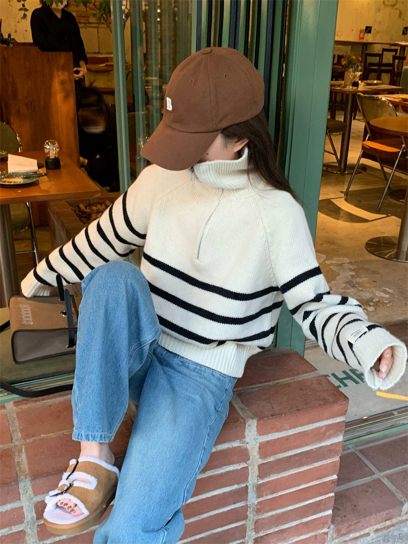 Stripe Zipped-Up Turtleneck Sweater