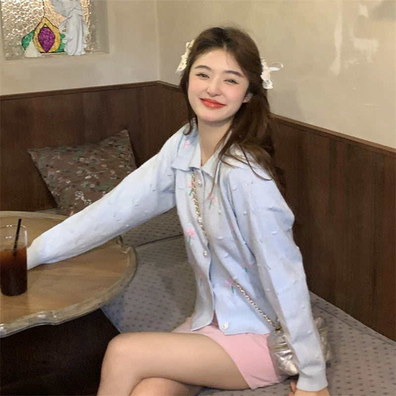 Pink Flower Beige Cardigan