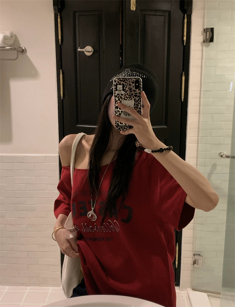 Off Shoulder Oversized Red Tee