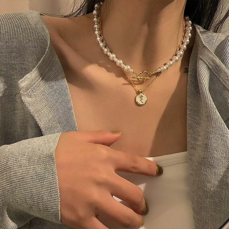 Pearl Chain Toggle Coin Necklace