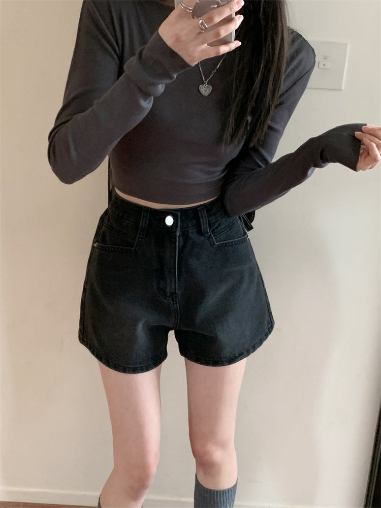 High Waist Washed Denim Shorts