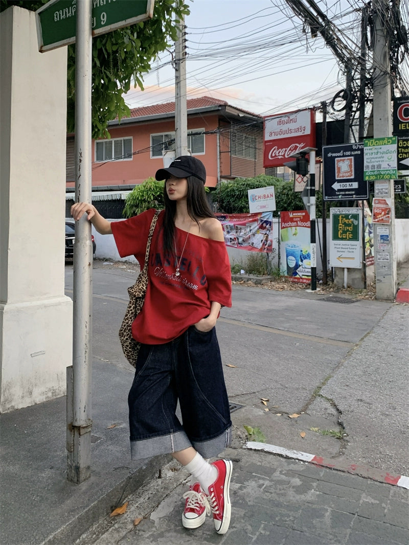 Off Shoulder Oversized Red Tee