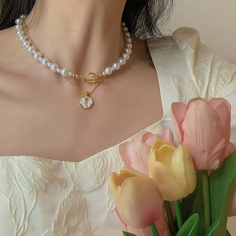 Pearl Chain Toggle Coin Necklace