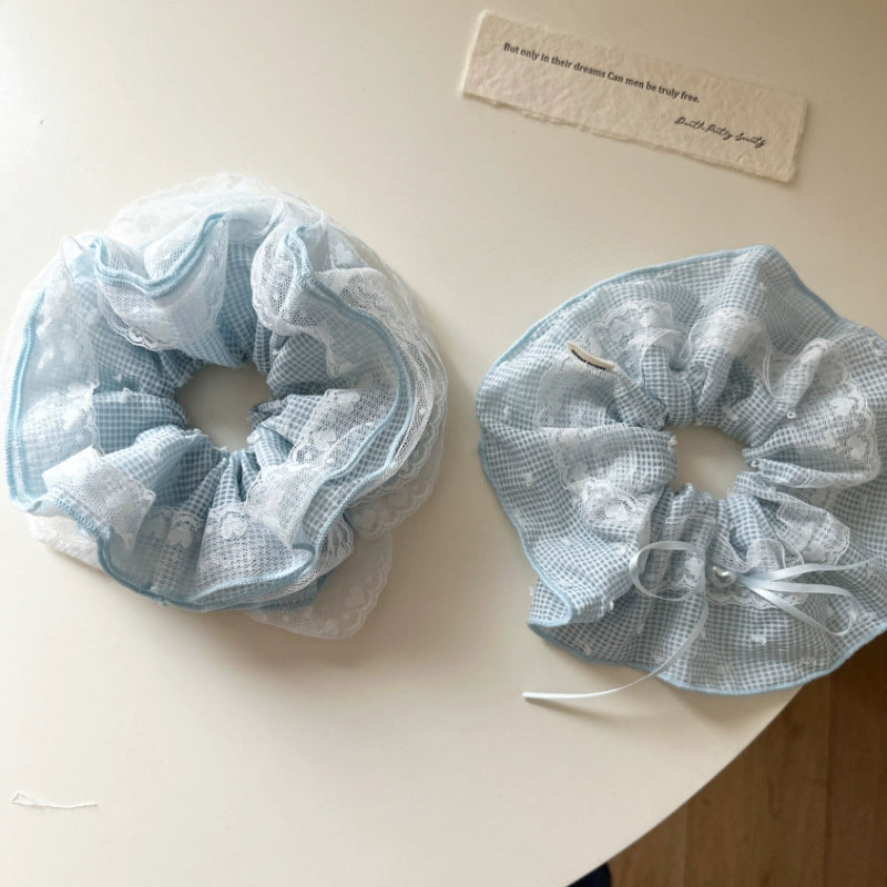 Pastel Gingham Lace Hair Scrunchie
