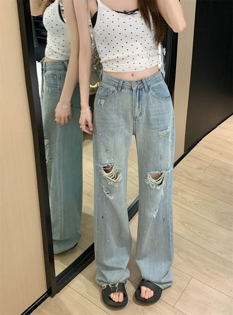 Casual Distressed Star-Pattern Wide Jeans