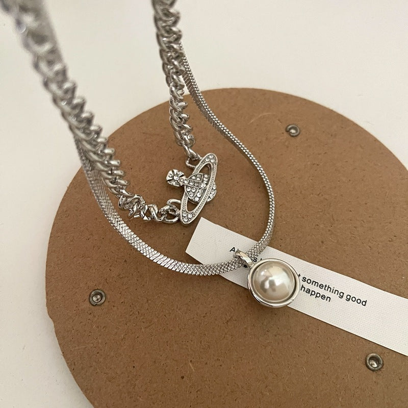 Rhinestone Planet with Pearl Layer Necklace