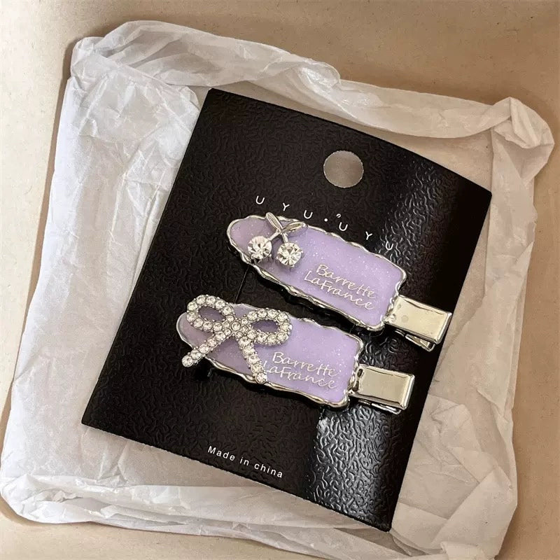 Lilac Rhinestone Cherry Hair Clips