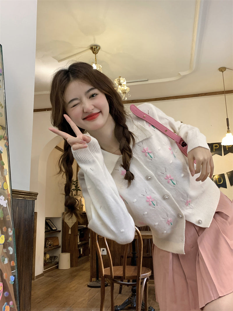 Pink Flower Beige Cardigan