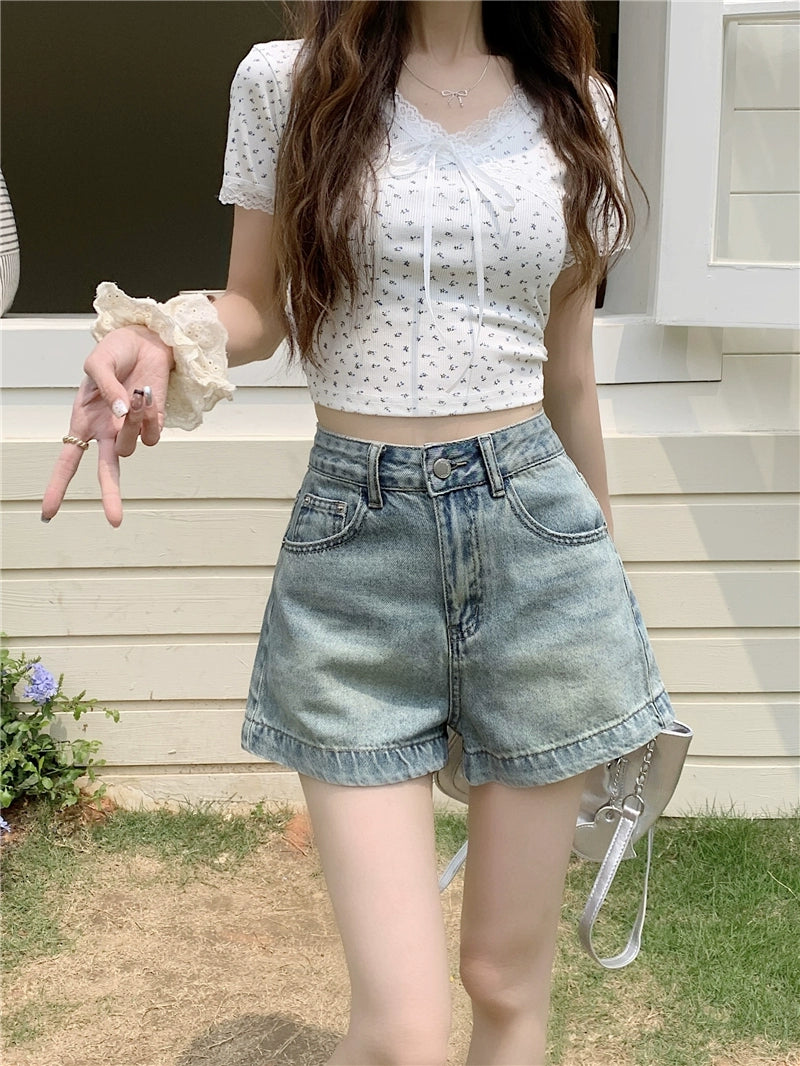 High-Waisted Casual Denim Shorts