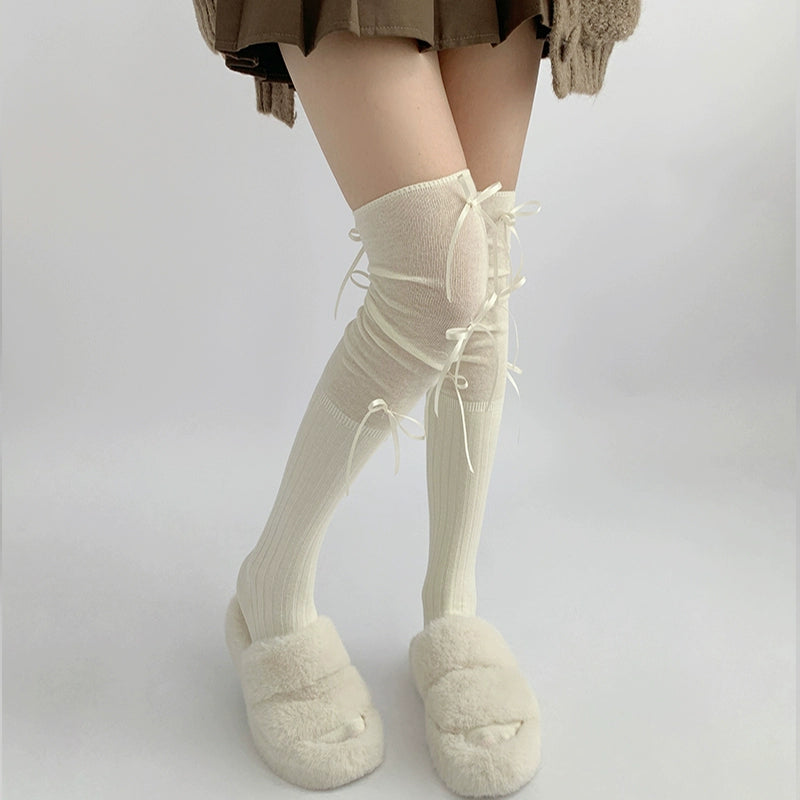Stylish Gray Over-Knee Ribbon Socks