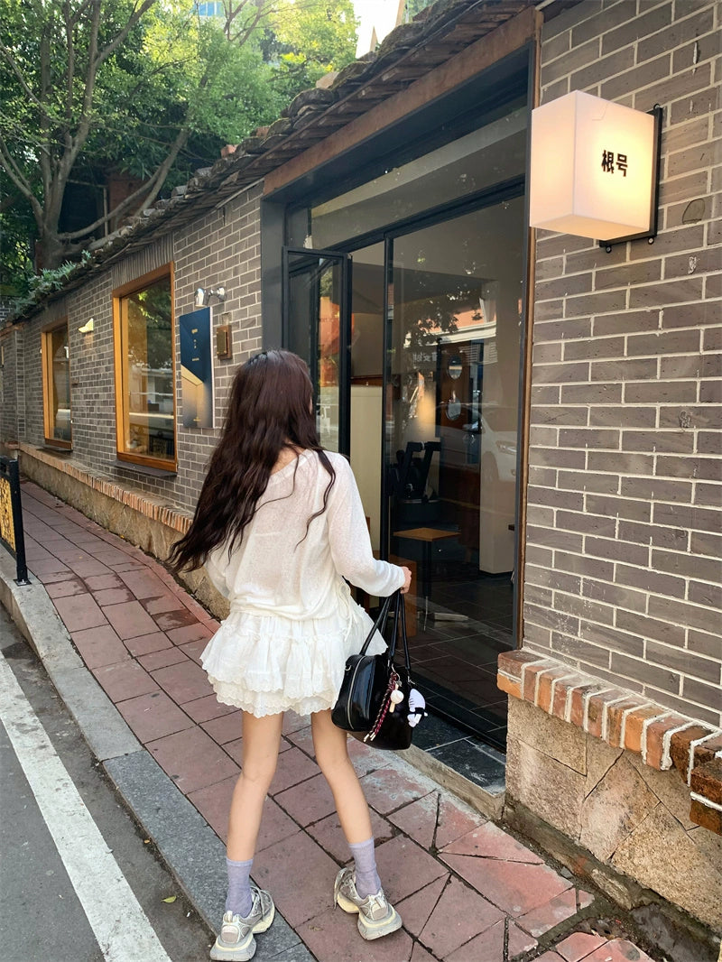 Lace Ruffle Graphic Long Sleeve Set