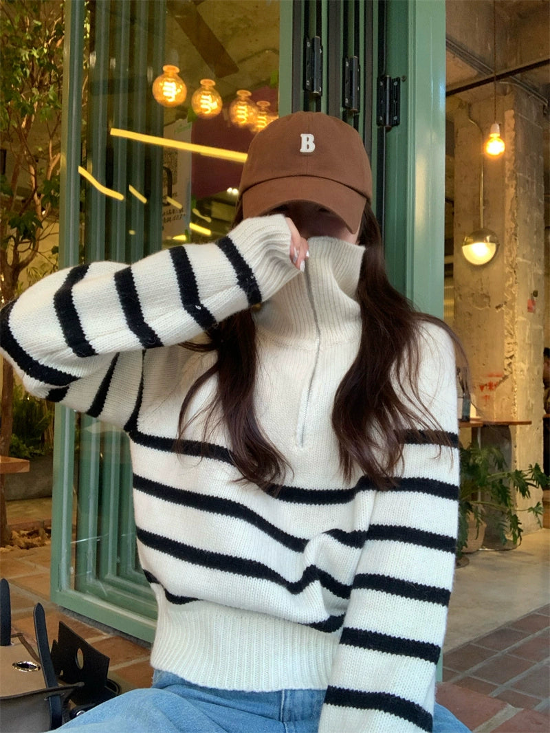 Stripe Zipped-Up Turtleneck Sweater