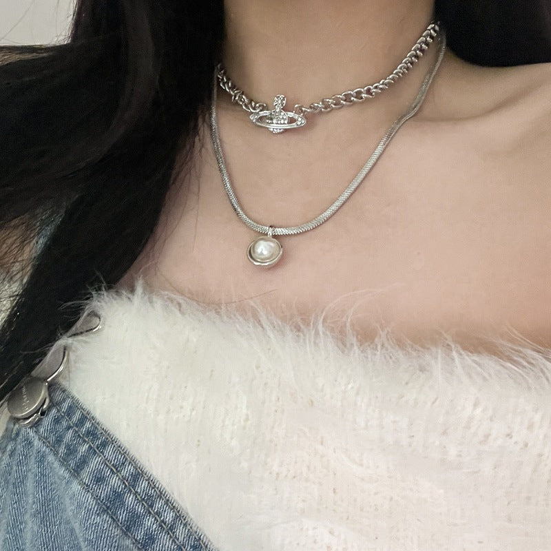 Rhinestone Planet with Pearl Layer Necklace