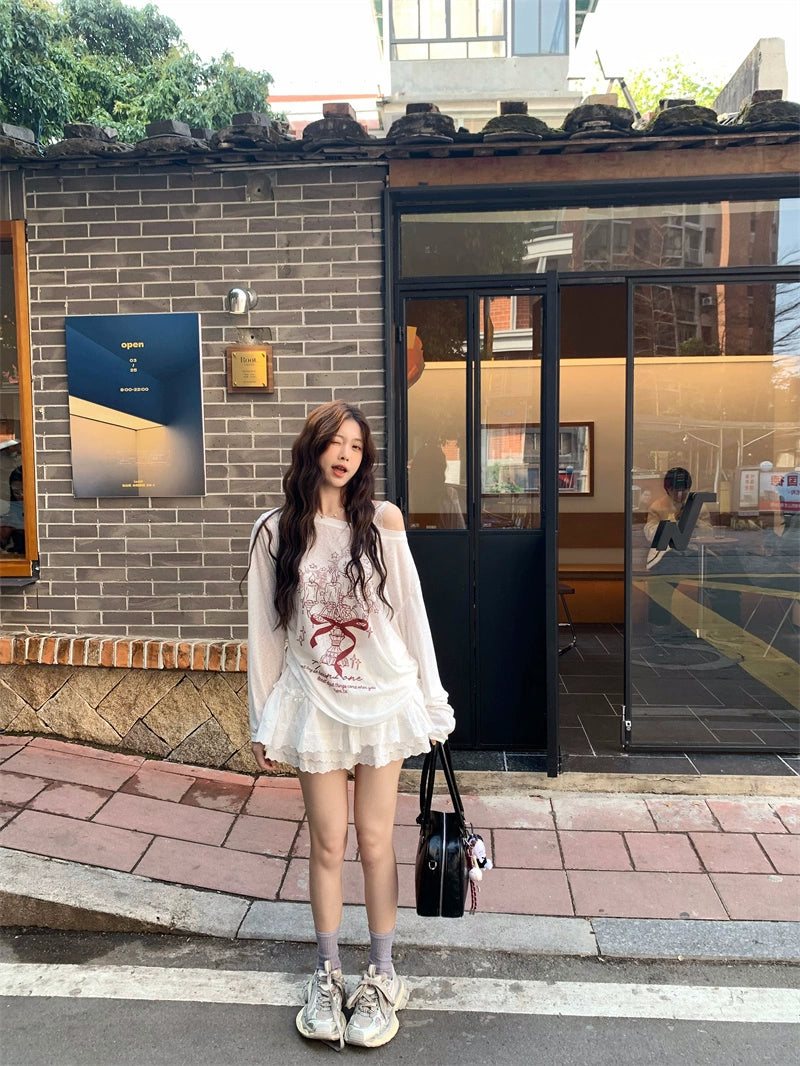 Lace Ruffle Graphic Long Sleeve Set