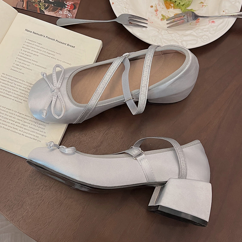Ribbon Double Strap Mid Heel Flat Shoe