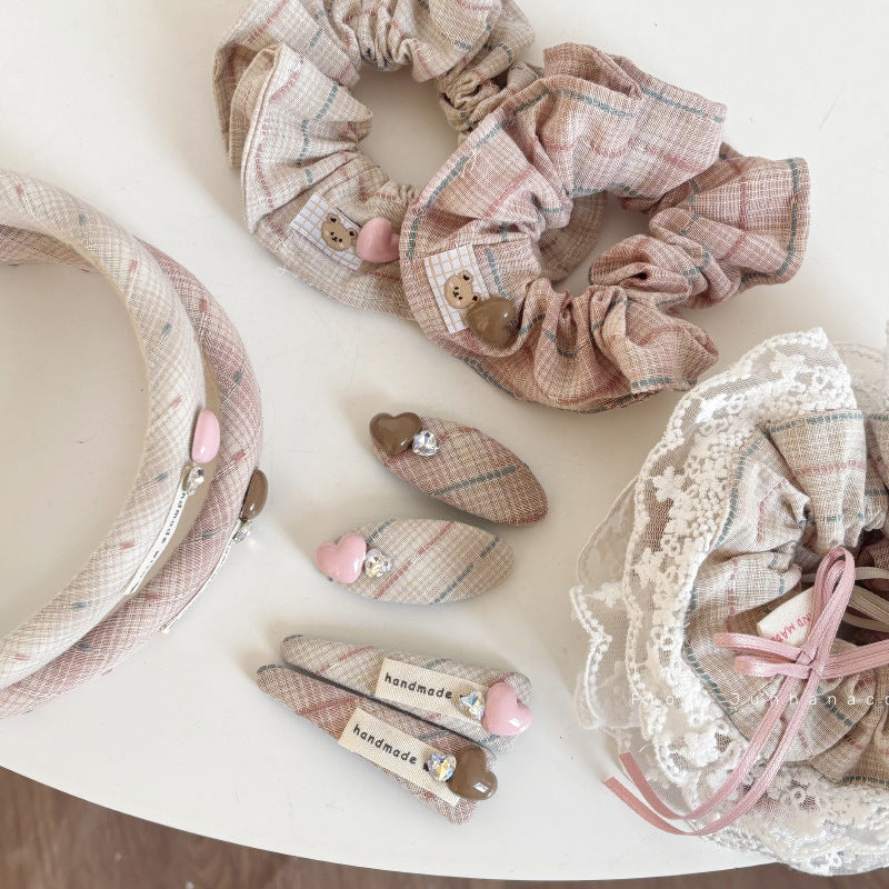 Handmade Teddy Heart Plaid Scrunchie