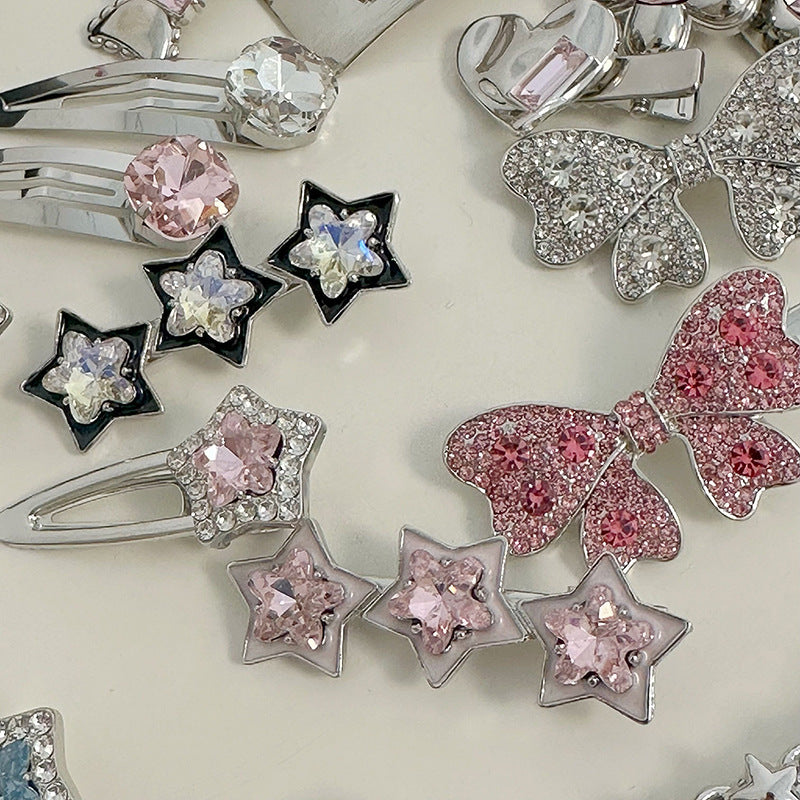 Silver Pink Crystal Hair Clips