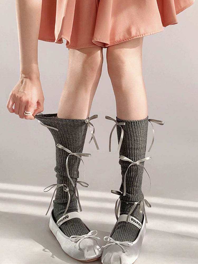 Elegant Cream Ribbed Ballet-Inspired Lace-Up Socks