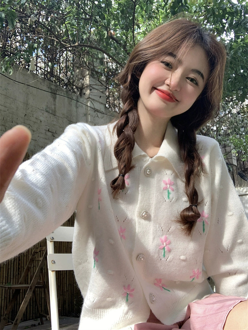 Pink Flower Beige Cardigan