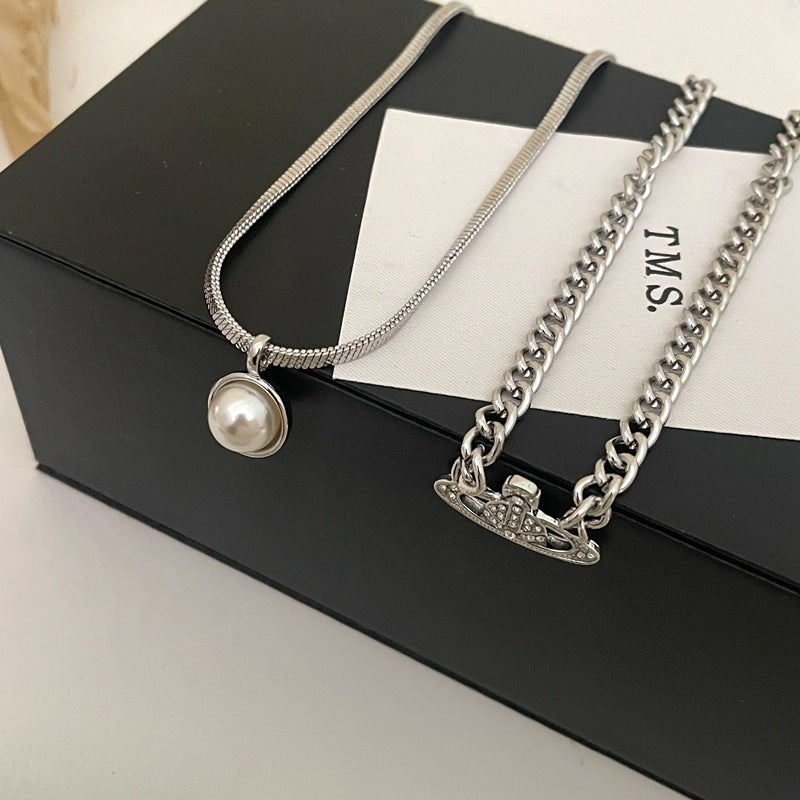 Rhinestone Planet with Pearl Layer Necklace