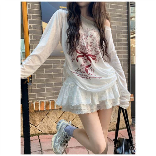 Lace Ruffle Graphic Long Sleeve Set