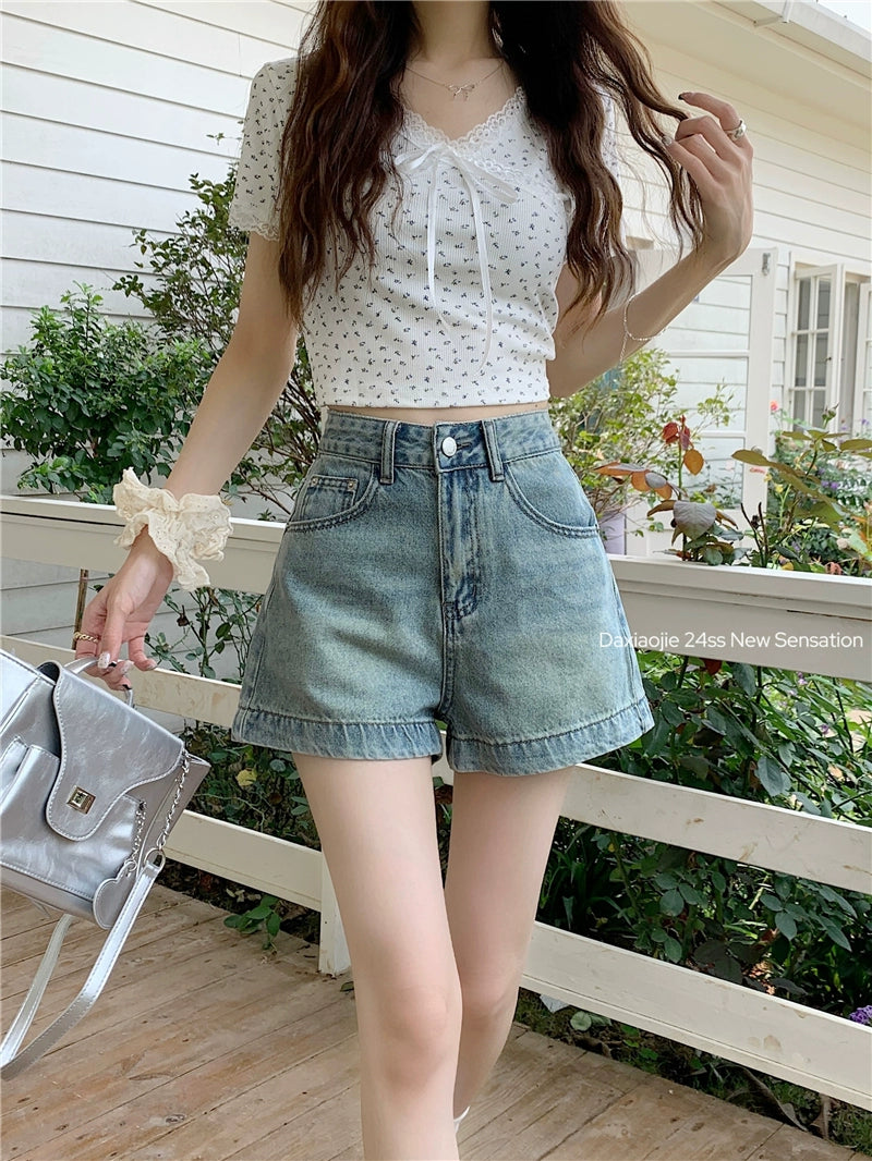 High-Waisted Casual Denim Shorts