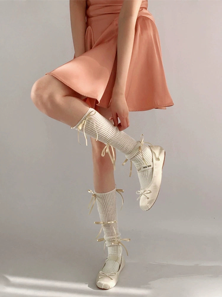 Elegant Cream Ribbed Ballet-Inspired Lace-Up Socks