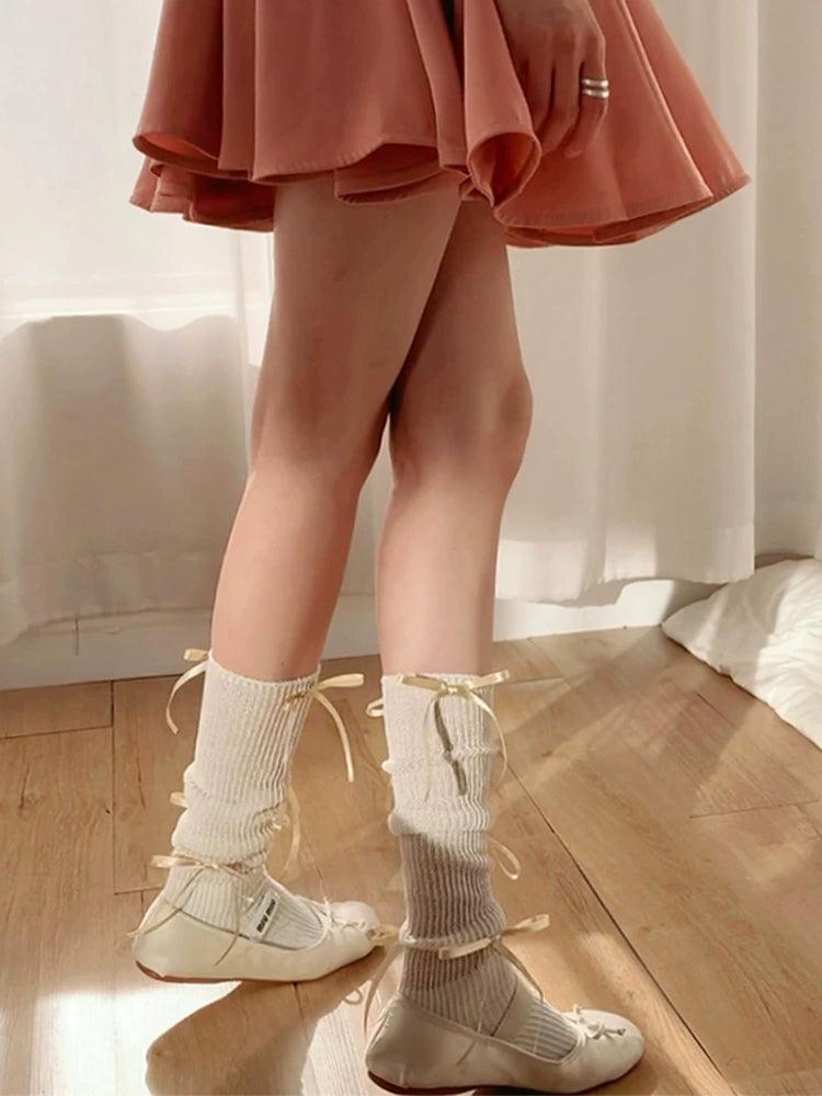 Elegant Cream Ribbed Ballet-Inspired Lace-Up Socks