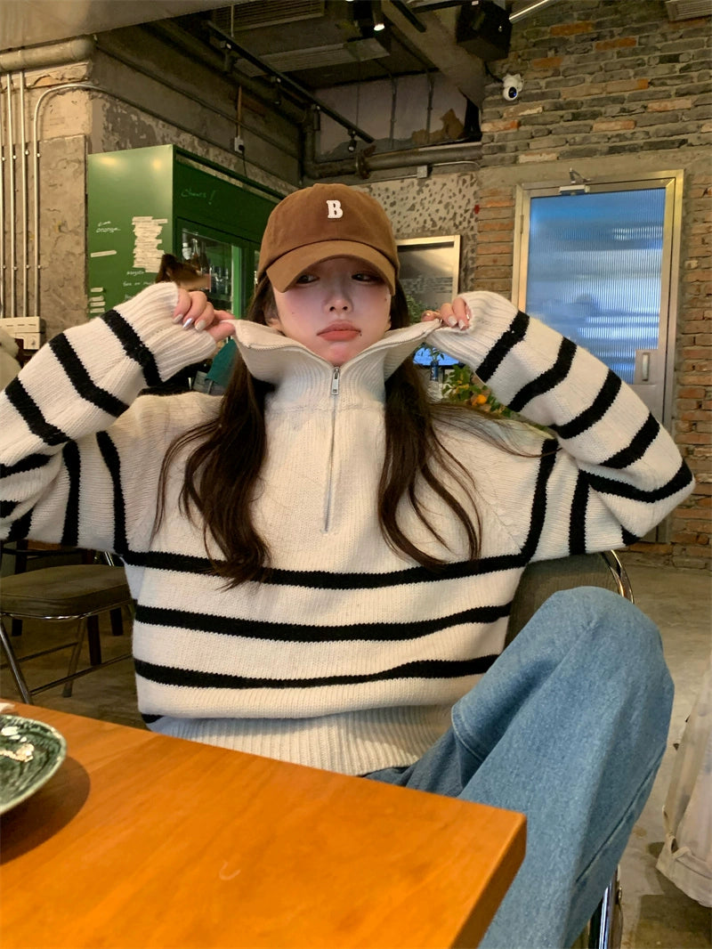 Stripe Zipped-Up Turtleneck Sweater