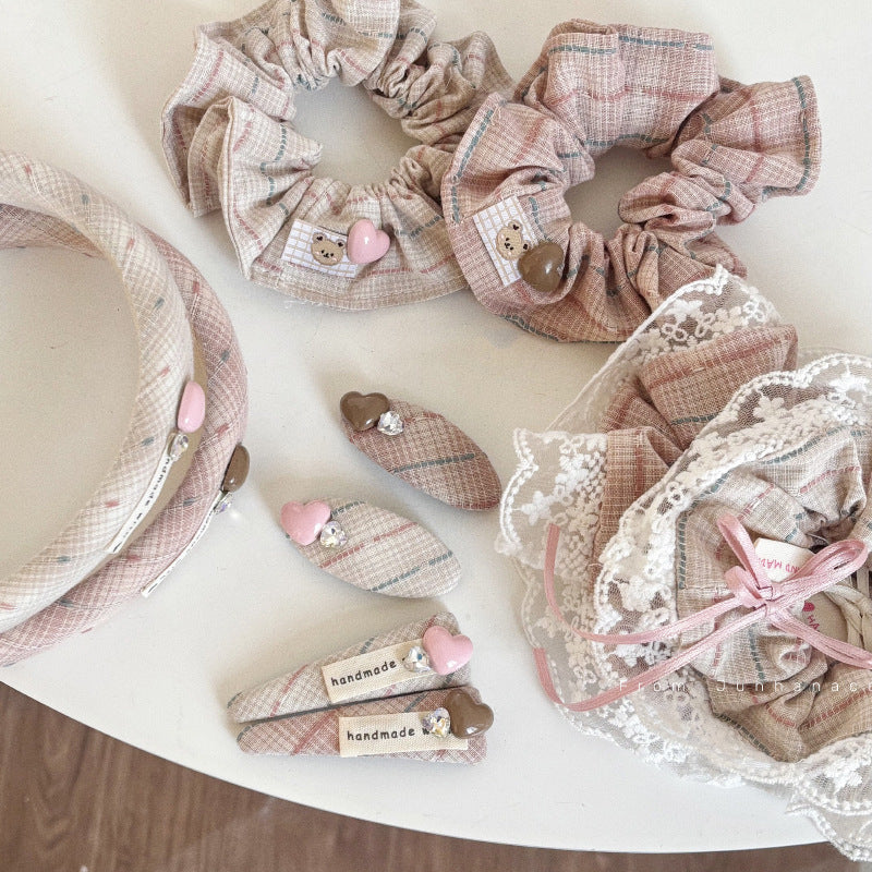 Handmade Teddy Heart Plaid Scrunchie