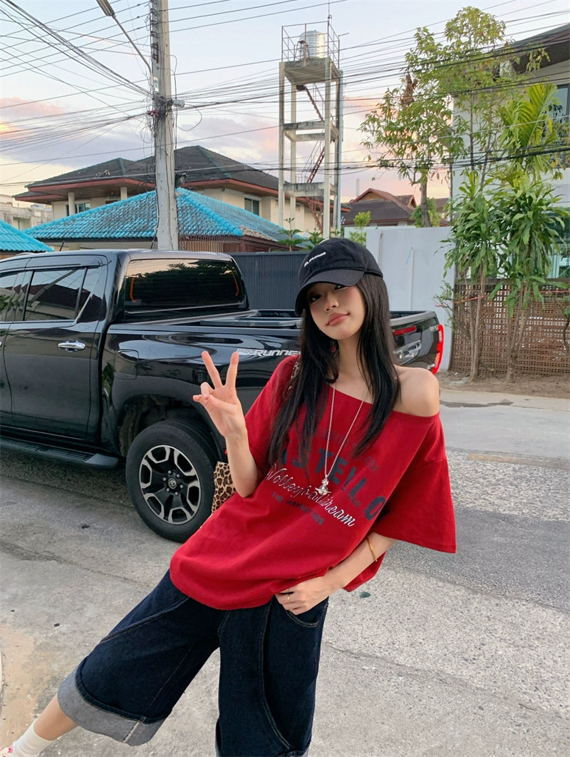 Off Shoulder Oversized Red Tee